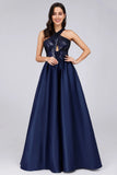 Cold Shoulder Sequin Navy Blue Prom Dresses Backless Satin Long Evening Dresses STI15132