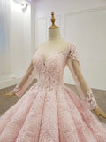 Elegant Ball Gown Pink Long Sleeves Appliques Prom Dresses, Quinceanera STI20482