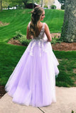 A Line Lilac Appliques V Neck Long Prom Dresses, Long Prom Formal Gowns STI15004