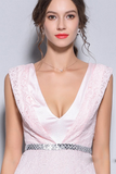 Sheath V-Neck Pink Long Prom Dress with Lace