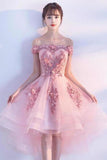 Pink Lace Tulle Short Prom Dress Off-the-Shoulder Appliques Lace up Homecoming Dresses STIPST13190