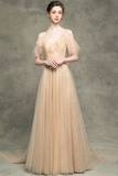 A-Line V-Neck Backless Champagne Long Prom Dress