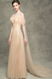 A-Line V-Neck Backless Champagne Long Prom Dress