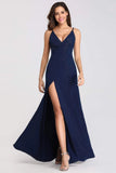 Sexy V Neck Long Spaghetti Straps Mermaid Navy Blue Prom Dresses with High Split STI15366