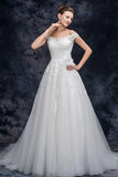 Off the Shoulder Tulle Wedding Dress with Lace Applique, A Line Long Bridal Dresses STI15273