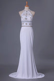 2024 Spandex Prom Dresses High Neck Beaded Bodice Sweep Train P2N967HK