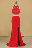 2024 Two-Piece High Neck Spandex Prom Dresses Sheath With Beads And Applique PPNC4NGL