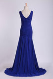 2024 V Neck Pleated Bodice Column Sweep Train Prom Dress PANXC188