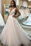 A Line V-neck Long Tulle Wedding Dress with Appliques, Cheap Bridal Dresses STI15045