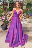 A Line Grape Spaghetti Straps Satin V Neck Long Prom Dresses Backless Evening Dresses STI15488