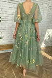 Green V Neck Short Sleeves Ankle Length Floral Tulle Short Prom Dresses