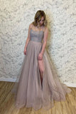 A Line Stylish Tulle Spaghetti Straps Evening Dresses Beads Long Prom Dresses With Slit