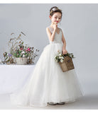 White V-Neck Sleeveless Mesh Flower Girl Dresses