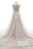 A Line Deep V Neck Sleeveless Applique Wedding Dresses