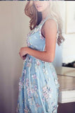 V-Neck Sleeveless Blue Tulle Appliques Long A-line Sleeveless Prom Dresses