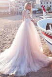 Tulle Scoop Neckline Pink A-line Lace Appliques Long Sleeves Bowknot Wedding Dresses