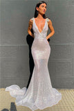 Sexy Deep V Neck Sequined Prom Dresses, Stunning Backless Mermaid Evening Dresses STI15595