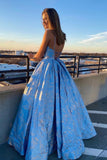 A Line Spaghetti Straps Blue Lace V Neck Prom Dresses with Lace up, Long Dance Dresses STI15025