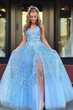 Elegant A Line Lace Appliques Blue V Neck Prom Dresses, Long Evening STI20407