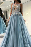 A Line Sleeveless See Through Tulle Prom Dress With Appliques Floor Length Formal STIPMLLSKLL