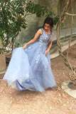 Unique Blue Tulle Appliques Beading Prom Dresses, Charming Formal Dresses STI15456