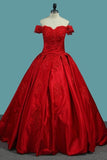 2024 Off The Shoulder Satin Ball Gown Prom Dresses With Applique PG7AKC66