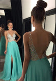 Modest sparkly crystal beaded v-neck open back long chiffon pageant slit Prom Dresses