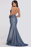 Sexy V Neck Halter Blue Backless Prom Dresses, Cheap Long Party Dresses STI15365