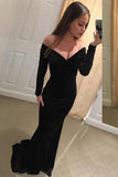 Charming Long Sleeves Blavk Sheath Long Prom Dresses PSFMBHQK