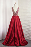 2024 V Neck Satin Prom Dresses A Line With Beading Open Back PNR7C8AY