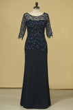 2024 Mother Of The Bride Dresses Scoop 3/4 Length Sleeve Dark Navy Spandex & Lace With P243GPXH