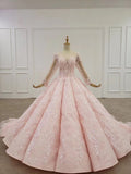 Elegant Ball Gown Pink Long Sleeves Appliques Prom Dresses, Quinceanera STI20481