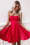 Simple Red Satin Sweetheart Strapless Homecoming Dresses Above Knee Short Prom Dresses STI14982