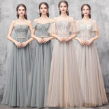 Elegant Off Shoulder Floor Length Tulle Prom Dress, Lace up Bridesmaid Dresses STI15185