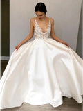 Simple A-Line Deep V Neck Satin Ivory Wedding Dress with Lace Appliques STI15387