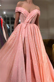 A Line Pink Sequins Off the Shoulder Prom Dresses with Split, V Neck Dance Dresses STI15013