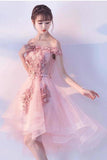 Pink Lace Tulle Short Prom Dress Off-the-Shoulder Appliques Lace up Homecoming Dresses STIPST13190