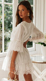 A Line Long Sleeve White Simple Lace Short Sexy Criss Cross Above Knee Homecoming Dress