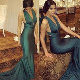 Sexy Dark Green Deep V-Neck Mermaid Backless Prom Dresses