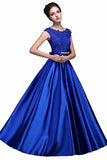 Elegant A-Line Applique Round Neck Lace Satin Ball Gown Evening PF19Q8AM