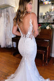 Elegant Mermaid Deep V Neck Lace Wedding Dresses with Beading