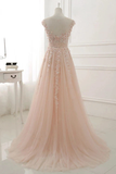 A Line Sheer Neck Cap Sleeves Tulle Prom Dresses Appliques Sweep Train Formal STIPTEXZSTC