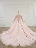 Elegant Ball Gown Pink Long Sleeves Appliques Prom Dresses, Quinceanera STI20481