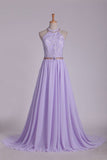 2024 Prom Dresses A Line Halter Chiffon & Lace With Beading Sweep Train Open PMRQ9JFP