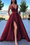 Simple A Line Spaghetti Straps V Neck Satin Prom Dresses with Slit, Formal STI20470