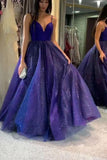 Sparkly Dark Royal Blue Spaghetti Straps V Neck A line Prom Dresses, Formal STI20479