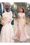 Elegant V-Neck Sleeveless Cap Sleeves Floor-Length Wedding Dress With STIPRQZPNT7