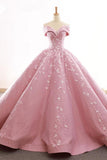 Ball Gown Off The Shoulder Satin Prom Dress With Appliques Long Quinceanera STIPDJZ6JB1