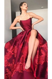 Unique A Line Strapless Burgundy Satin Prom Dresses With Appliques Formal STIPYZN65CB