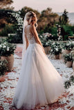 Elegant A Line V Neck Tulle Wedding Dresses With Flowers V Back Beach Wedding STIPEKH2P28